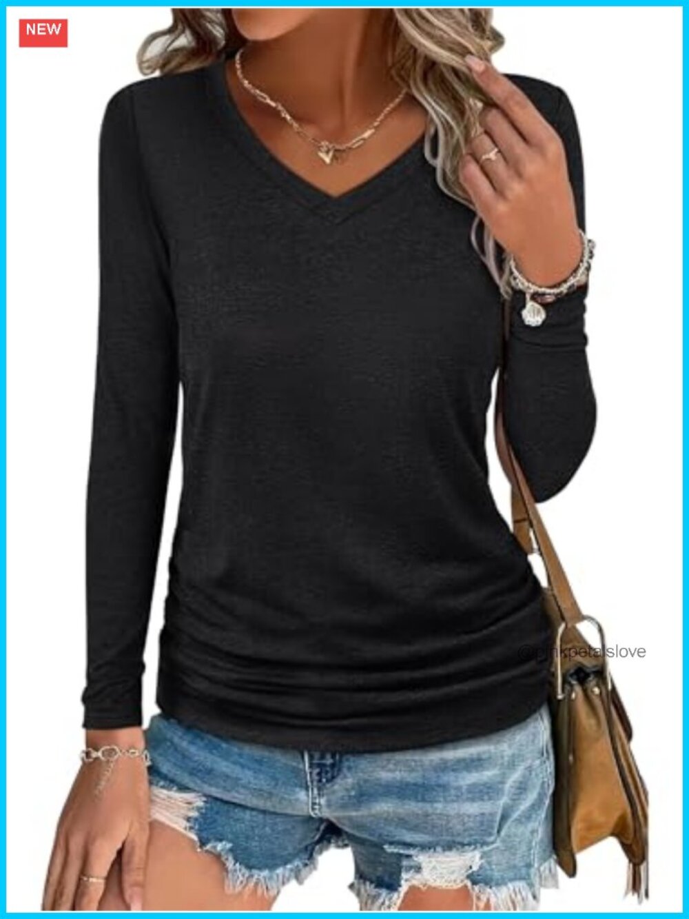 Women's Long Sleeve V Neck Ruched Slim Fit Fall Top Blouse